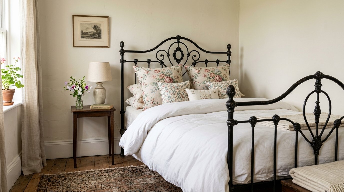 White bedding on a rustic iron bed frame with floral pillows in a sunlit room.