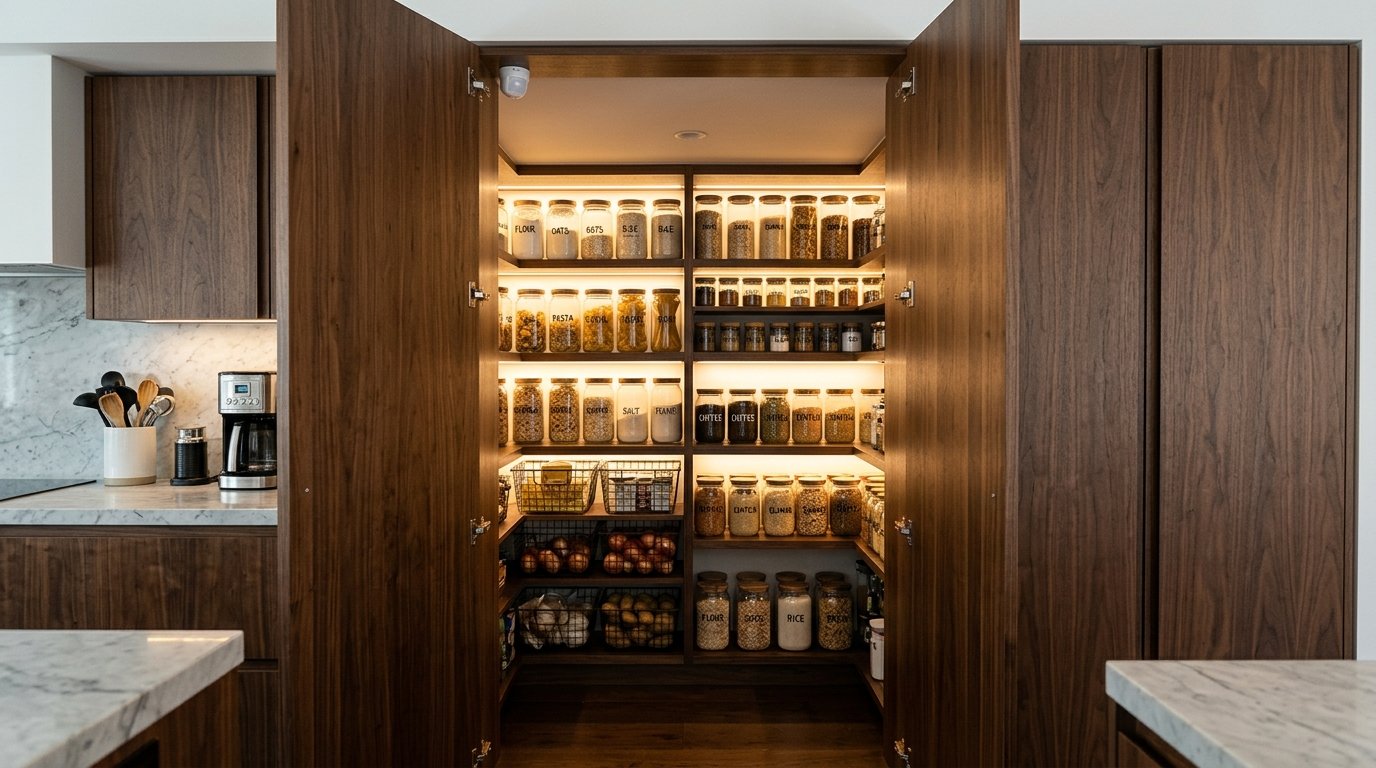 A pantry with walnut wood doors, LED-lit shelves, labeled glass canisters, and wire baskets filled with produce.