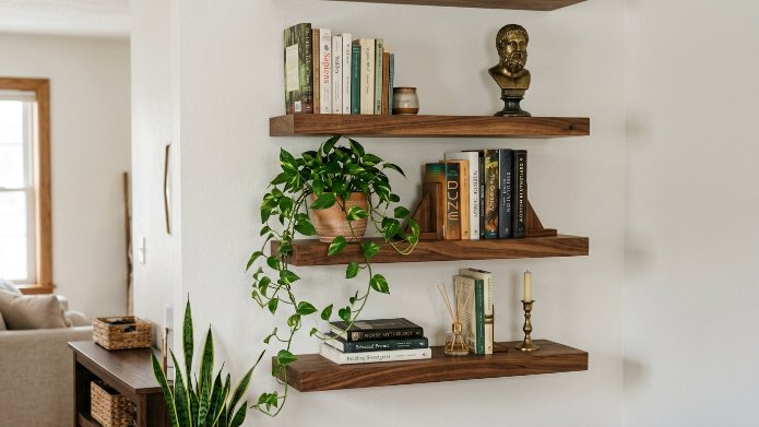 Wooden wall shelves holding books, a philodendron plant, a brass bust, and a candle holder.