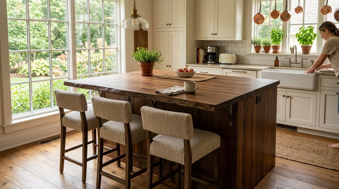 A live-edge walnut kitchen island featuring a bowl of apples and a potted plant, with beige stools and sunlit windows.