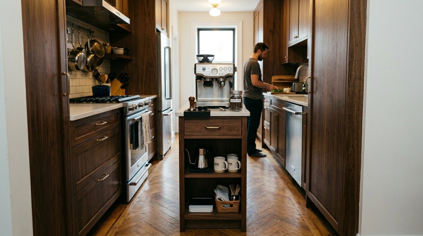 Espresso machine on a kitchen island with a man cooking in the background of a narrow wooden kitchen.