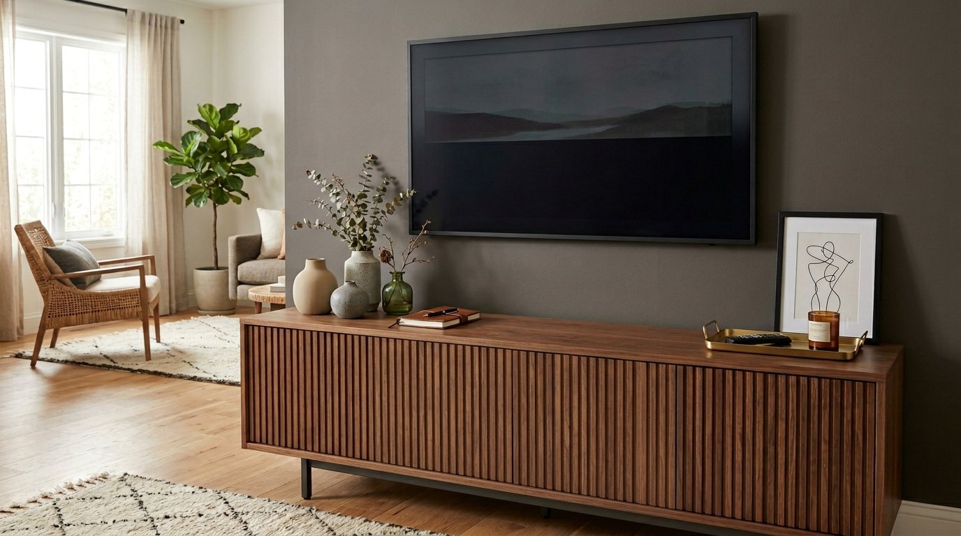 A wooden TV stand with vertical slats sits beneath a wall-mounted television in a bright living area.