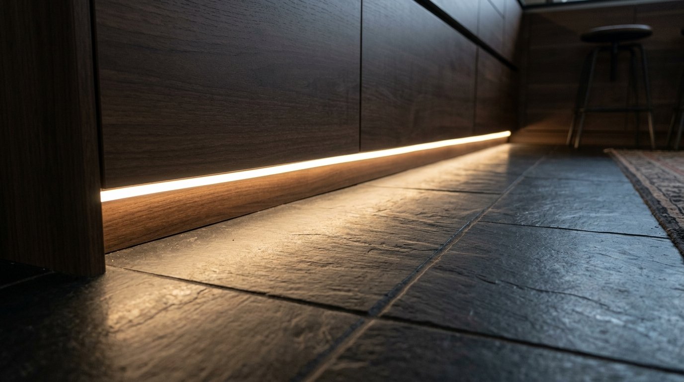 Close up of a wooden kitchen island base with glowing strip lighting cast onto dark slate floor tiles.