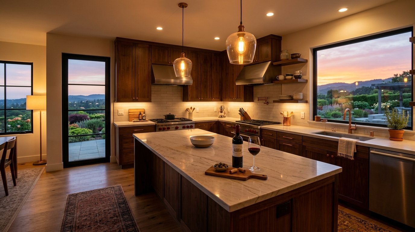 Modern dark wood kitchen featuring a marble island with wine, sunset views through large windows, and warm ambient lighting.
