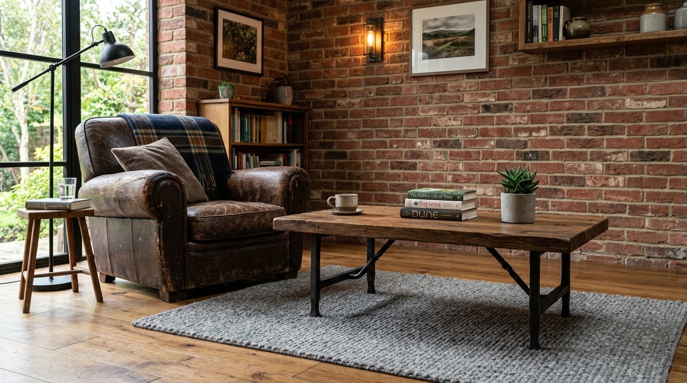 Distressed brown leather chair with a plaid throw blanket in a cozy room with brick walls and a grey rug.