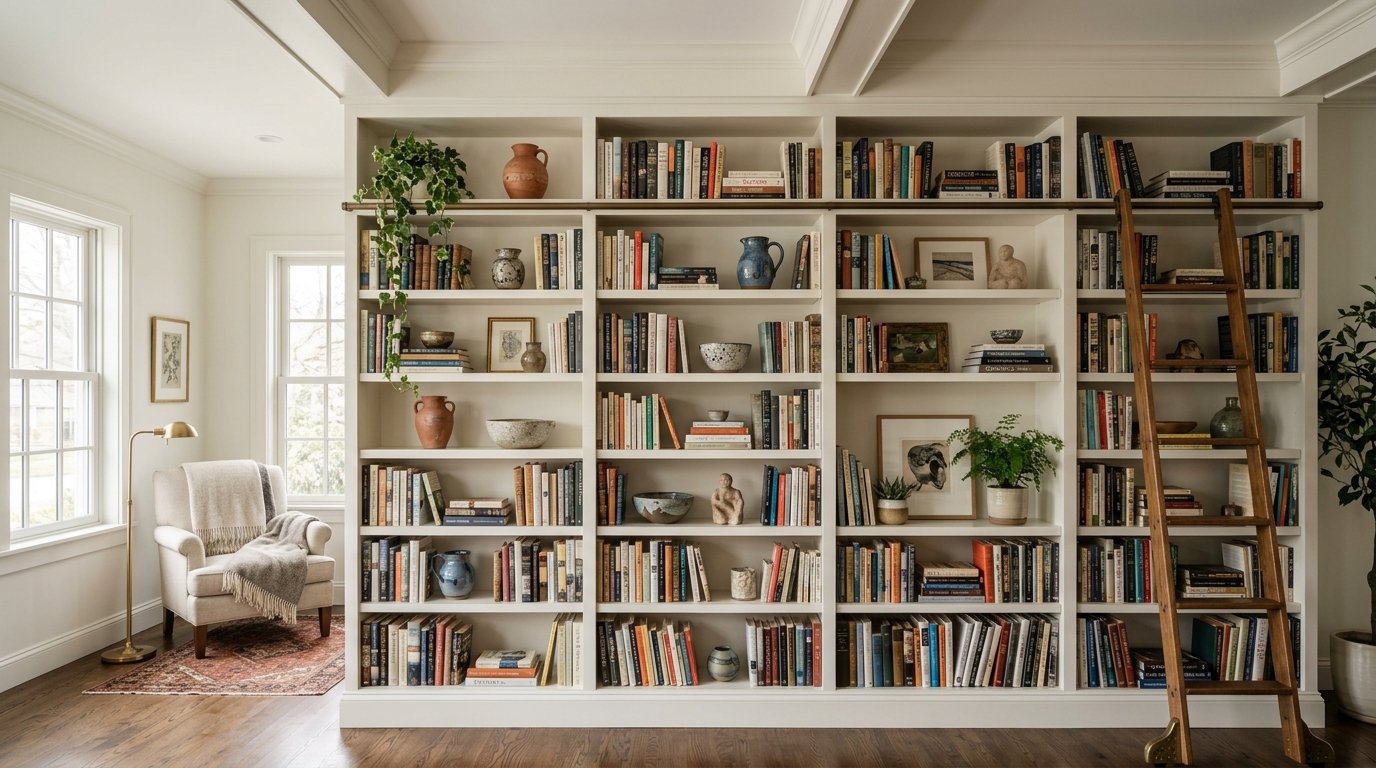 Floor-to-ceiling white shelving filled with books, pottery, and plants, with a wood library ladder attached to the front.