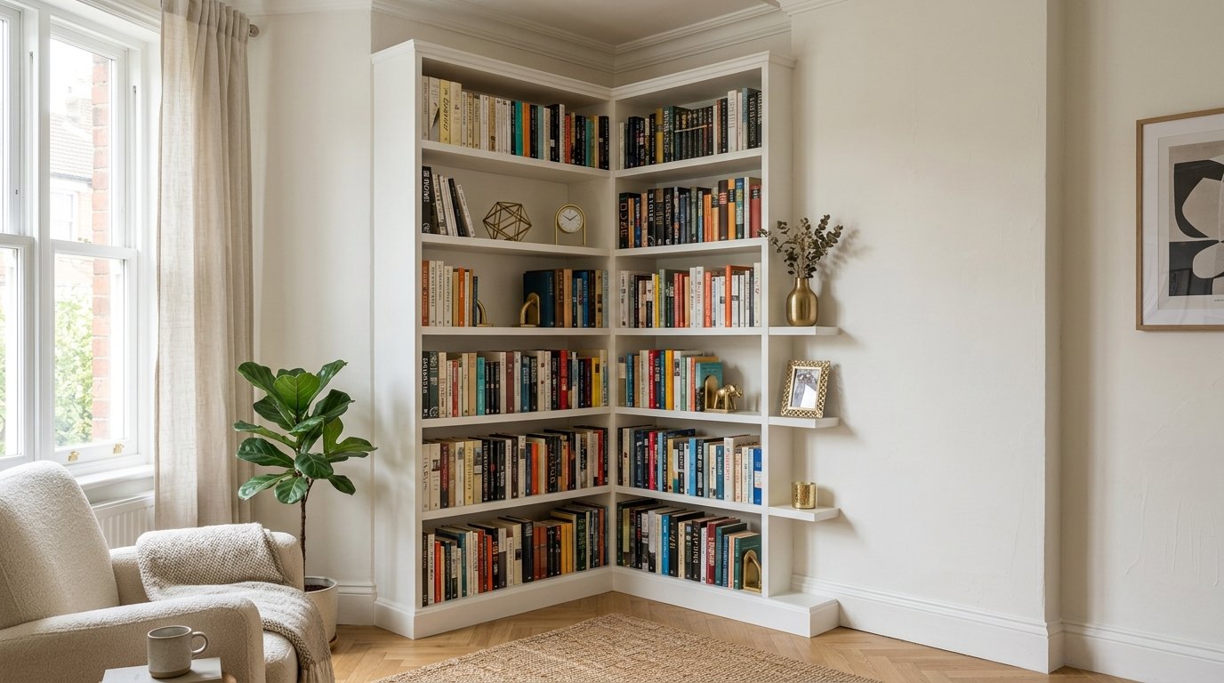 A white floor-to-ceiling corner bookshelf filled with books, small ornaments, and a vase next to an armchair.