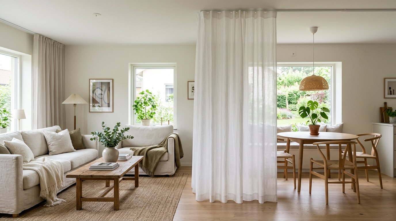 A beige sofa and wooden coffee table separated from a dining area by a hanging white privacy drape.