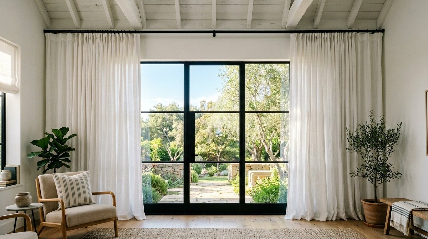 Bright living room with floor-to-ceiling white curtains framing a large steel door looking out to a stone patio.
