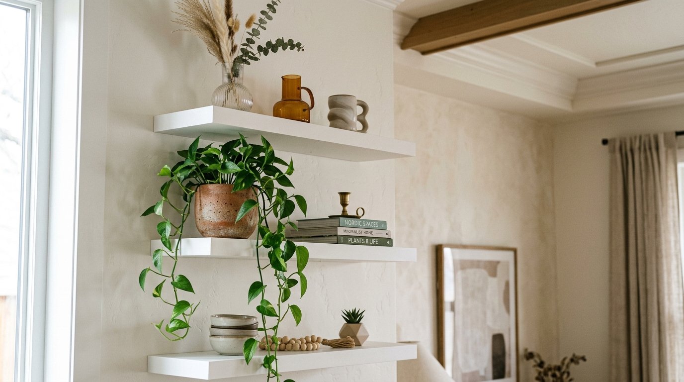 Three white floating shelves on a beige wall holding potted vines, books, ceramics, and dried floral arrangements.