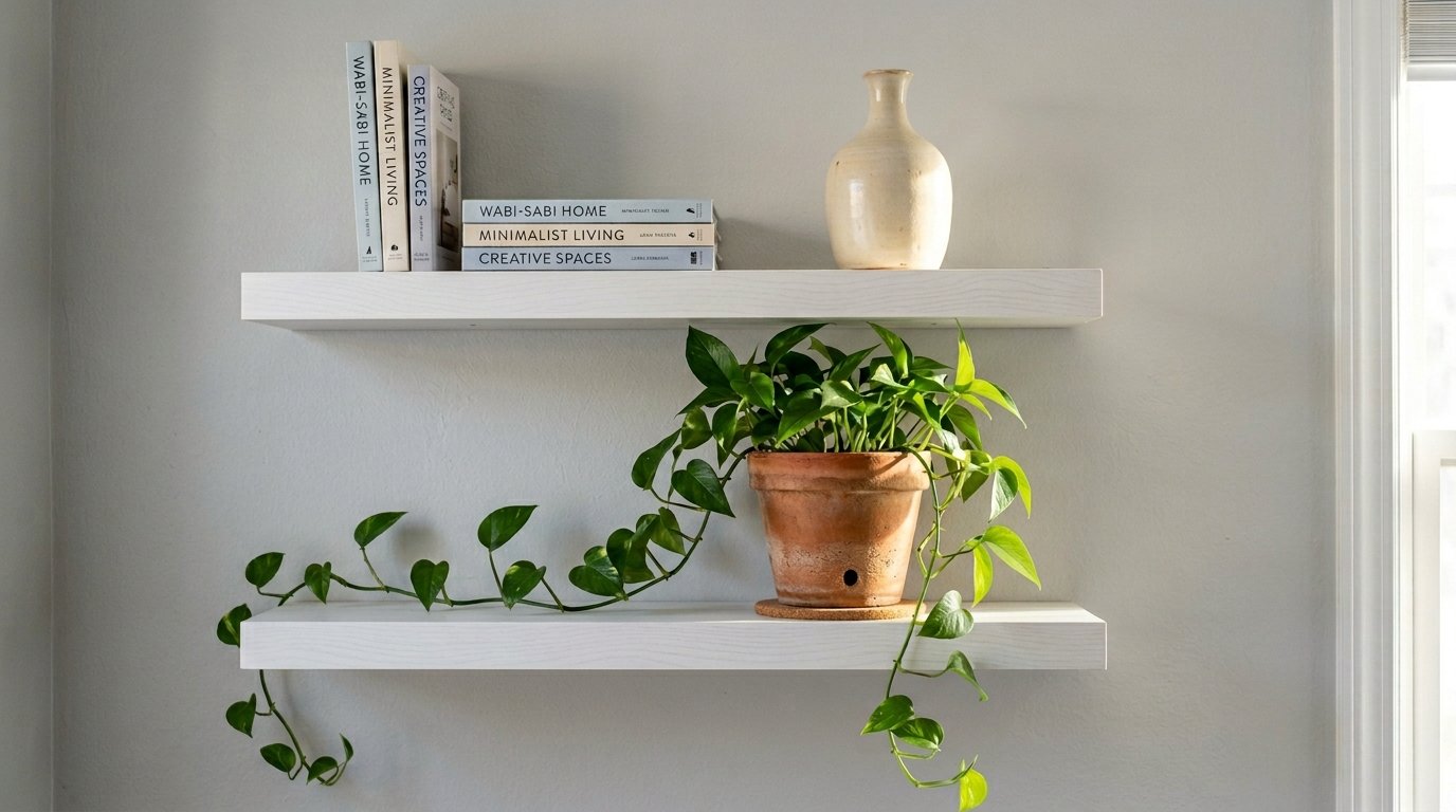 Two white floating shelves holding stacks of books, a ceramic vase, and a pothos plant in a terracotta pot.
