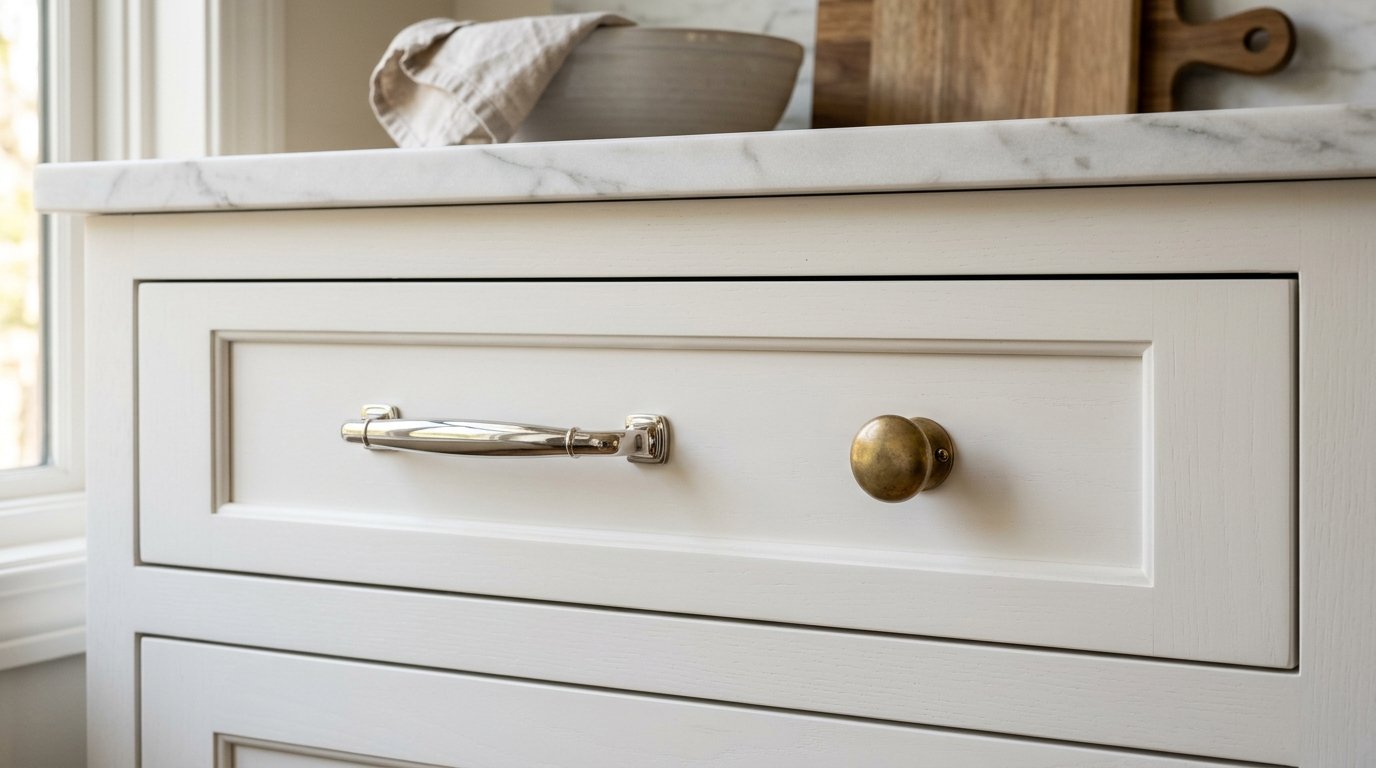 Close-up of a white painted wooden drawer with a polished chrome pull and a brushed antique brass knob.