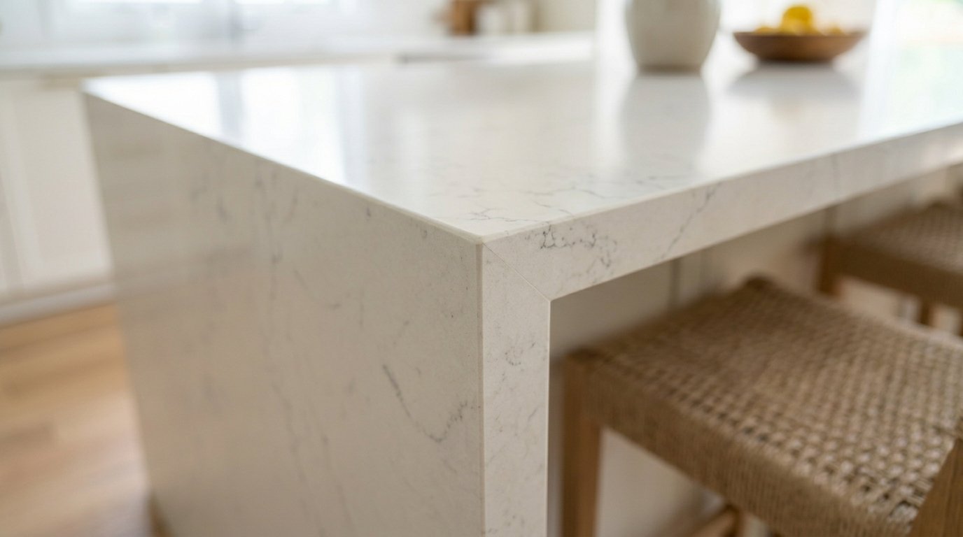A seamless mitered edge on a polished white stone island with woven wooden bar stools nearby.