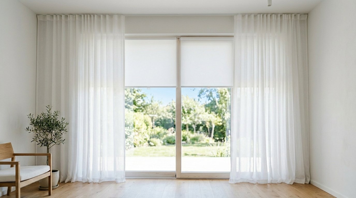 Bright living space featuring floor-to-ceiling white drapes, roller blinds, and a small potted tree near a sliding door.
