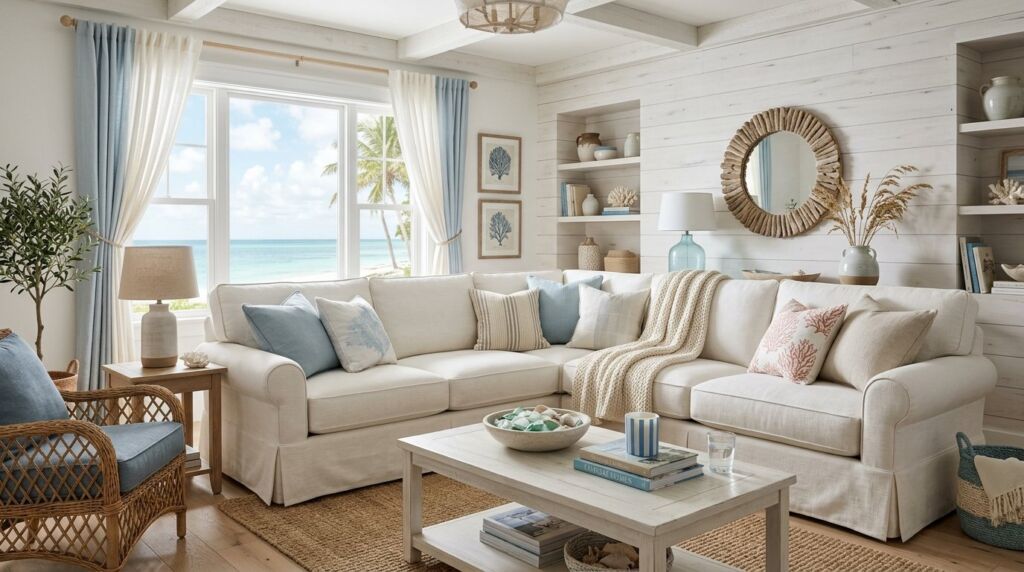 A plush white skirted sectional sofa styled in a bright and airy family living room.