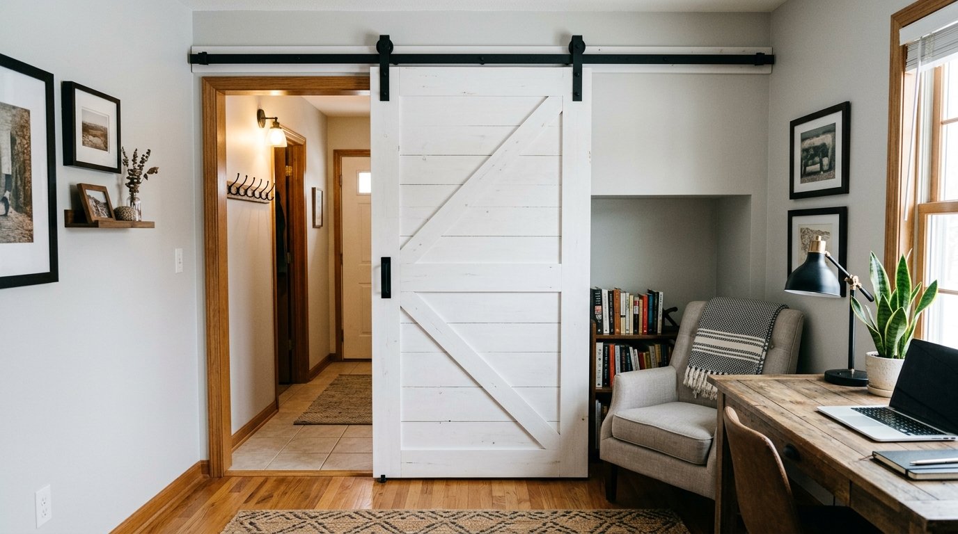 A white farmhouse style sliding barn door in an office with a desk, armchair, and bookshelf.