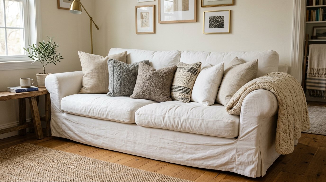 White slipcovered couch with neutral throw pillows, a cable-knit blanket, and a small potted tree on a side table.