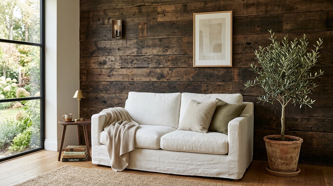 White linen sofa with a throw blanket next to a potted olive tree against a dark wood plank accent wall.