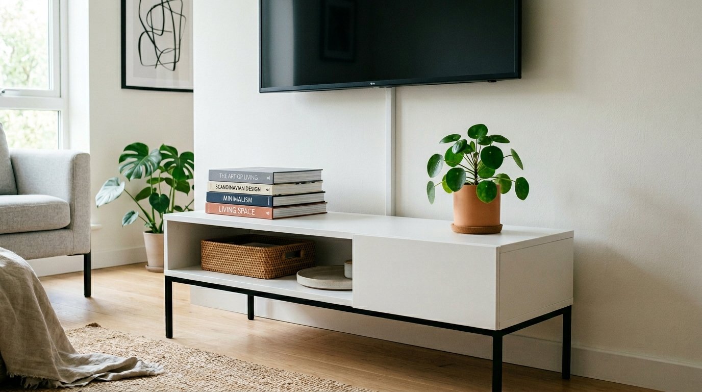 A white modern TV stand with black metal legs, topped with coffee table books and a green Pilea plant in a clay pot.