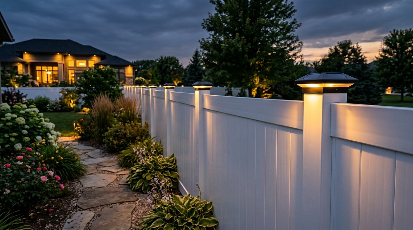 White fence posts topped with illuminated solar lanterns next to a stone garden path at dusk.