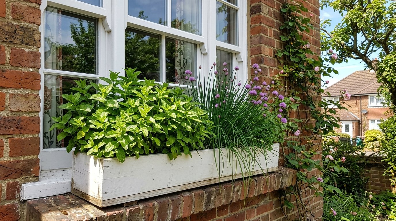 A white rectangular wooden container filled with fresh green mint and flowering chives sits on a brick window ledge.