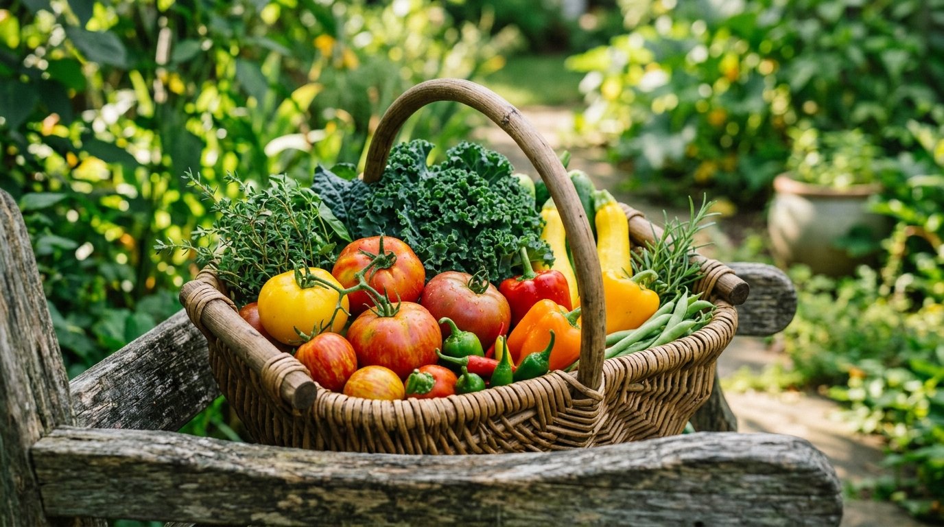 A wooden basket overflowing with multicolored heirloom tomatoes, kale, peppers, and herbs in a sunlit garden.