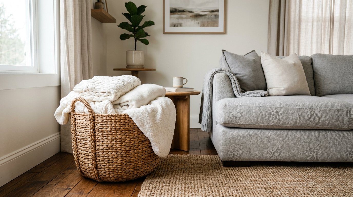 A woven wicker basket overflowing with soft white knitted blankets sits on a wooden floor next to a grey sofa.