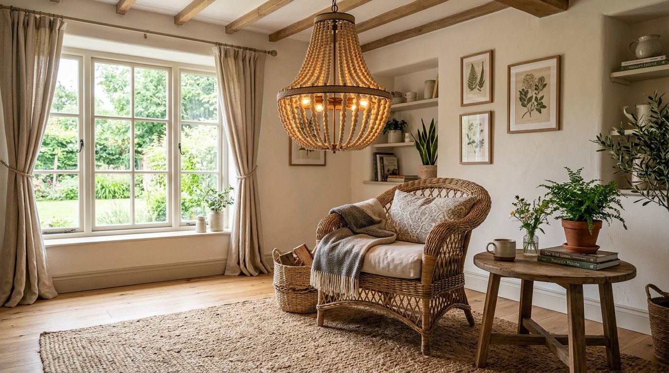 A rustic reading nook with a wicker chair, jute rug, wooden side table, and a large wooden beaded pendant light.