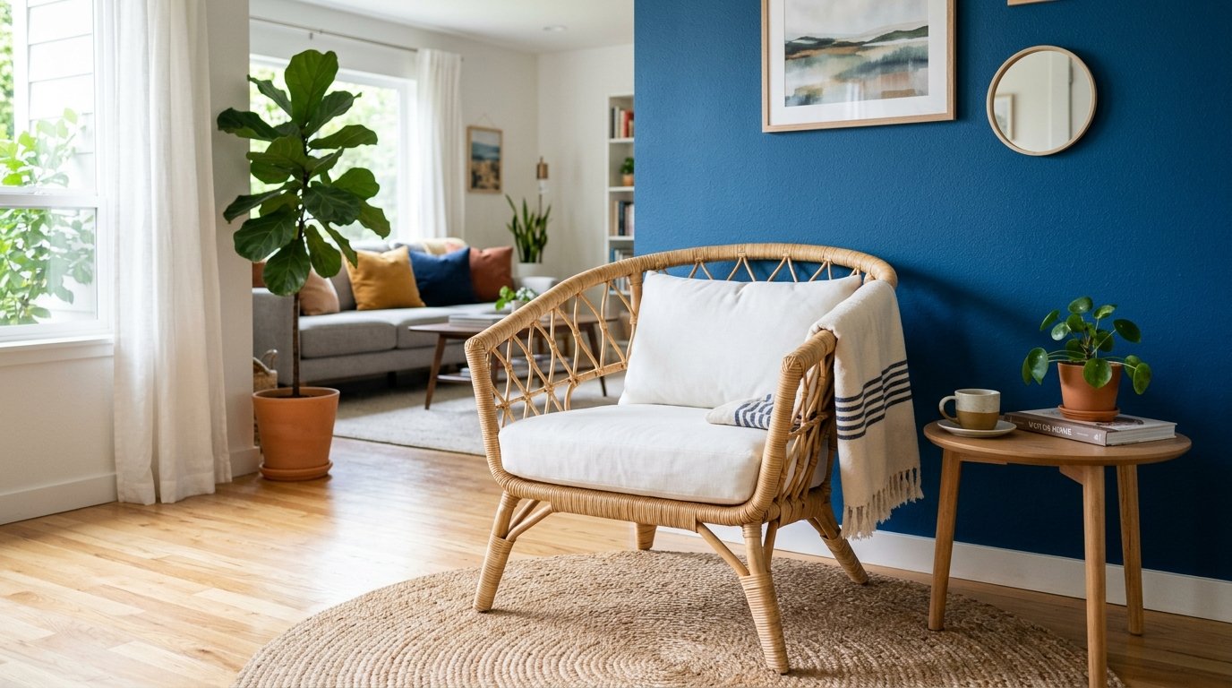 A white cushioned wicker chair sits on a round jute rug near a side table with a small houseplant.
