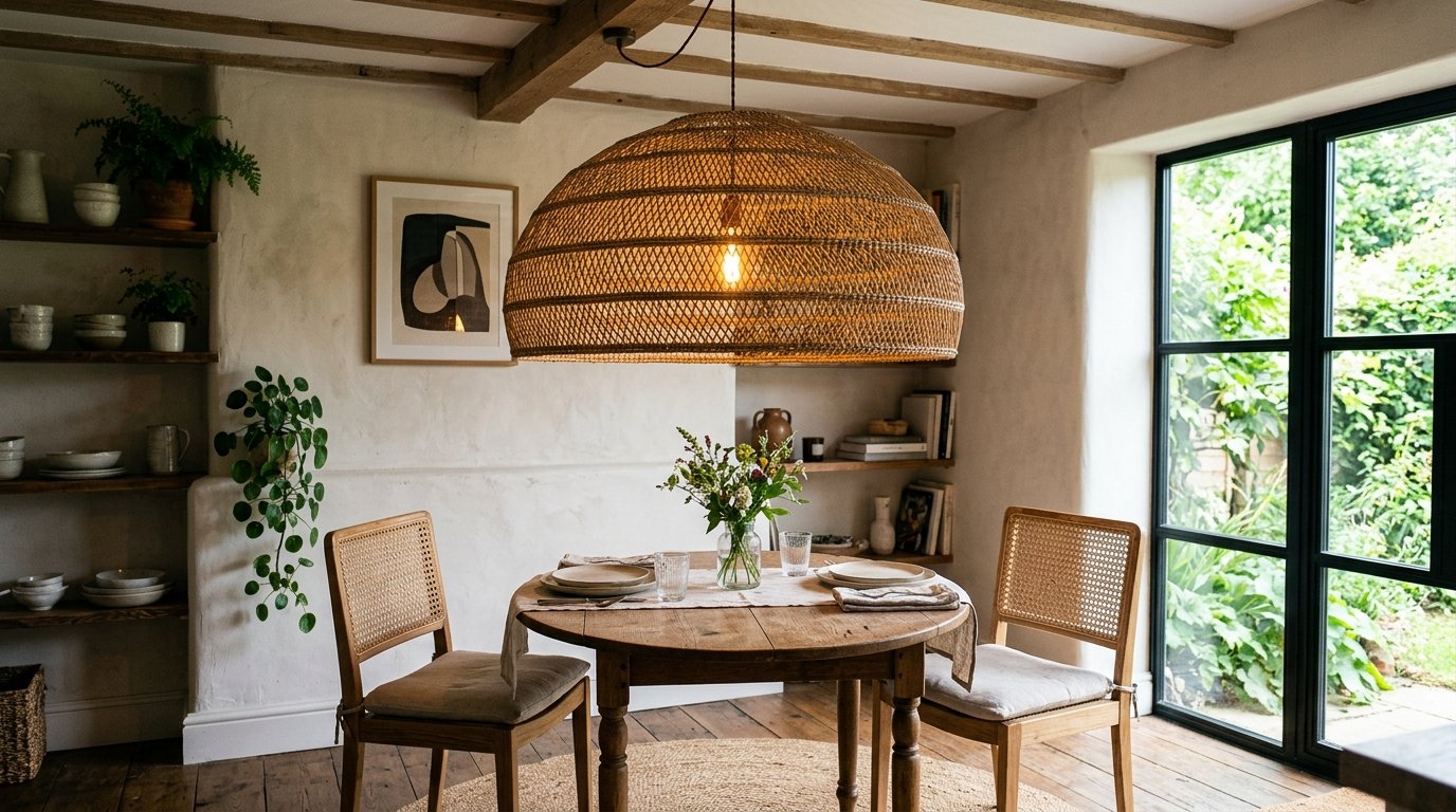 A round wooden dining table and rattan chairs sit in a bright room beneath a large, woven dome light fixture.