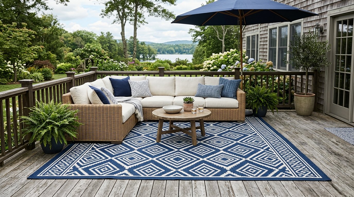 L-shaped tan wicker outdoor sofa with navy pillows on a blue geometric rug on a wooden deck.