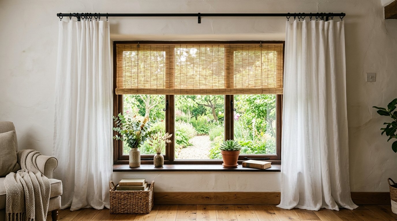 A wooden window sill decorated with potted plants and books against a lush garden view.