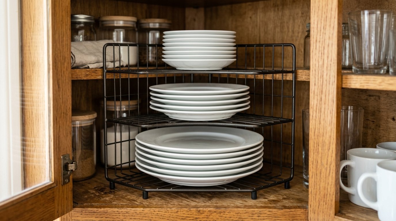 Stacks of white ceramic plates arranged on a three-tiered black wire corner organizer inside a wooden kitchen cupboard.