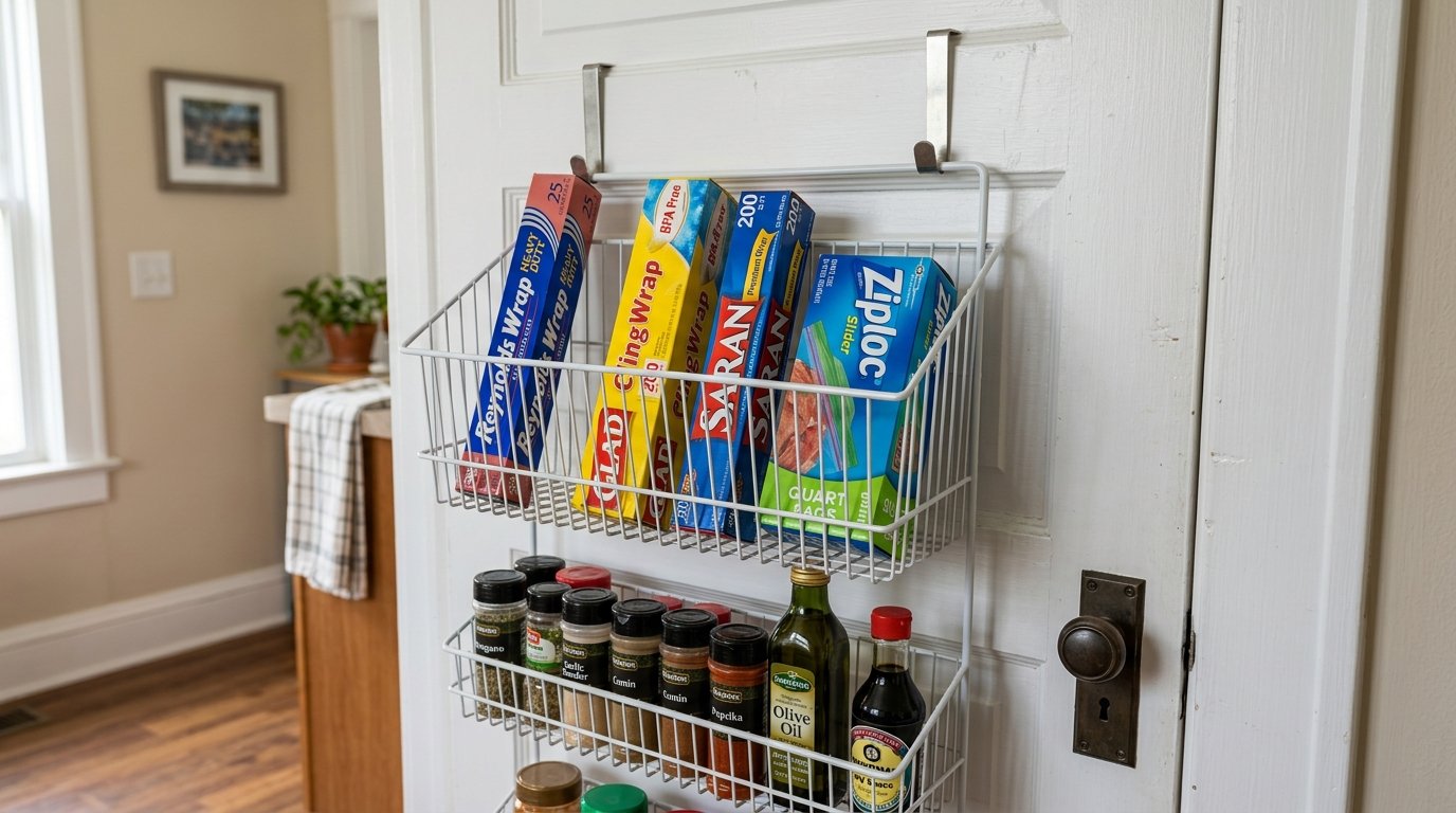White metal hanging basket organizer attached to a door containing kitchen wraps and spice jars.