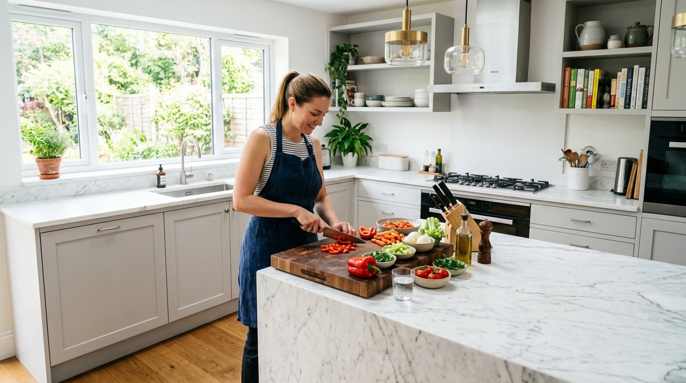 A person in a blue apron slices vegetables on a wooden cutting board in a bright, modern kitchen.