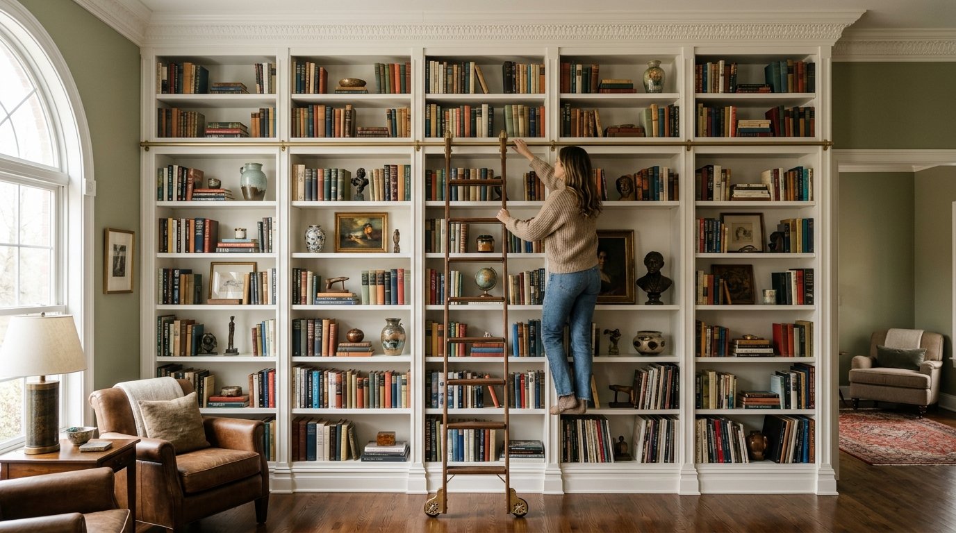 A person standing on a rolling wooden ladder to reach a high shelf in a floor-to-ceiling home library.