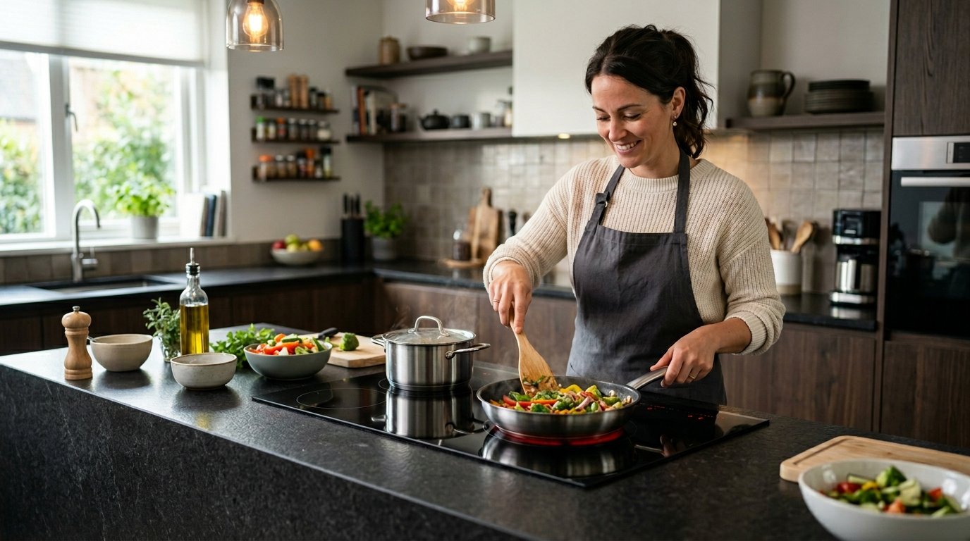 A woman with a ponytail in an apron stirring a pan of mixed vegetables on a modern kitchen induction cooktop.