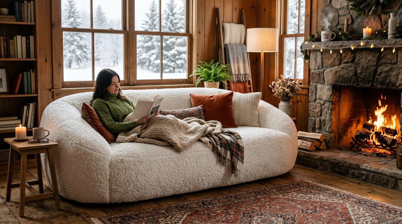 Person wearing a green sweater reading on a white textured sofa near a stone hearth with snow visible outside.