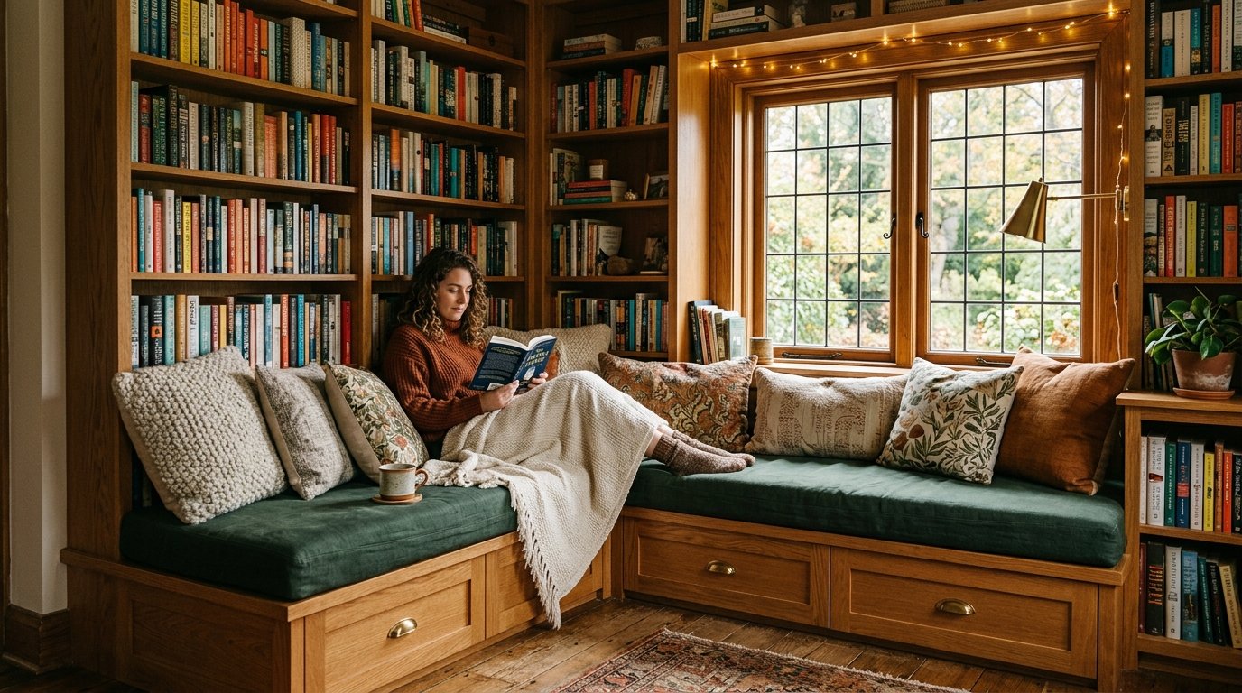 A curly-haired woman wrapped in a cream blanket reads a book on a built-in wooden bench with many bookshelves nearby.