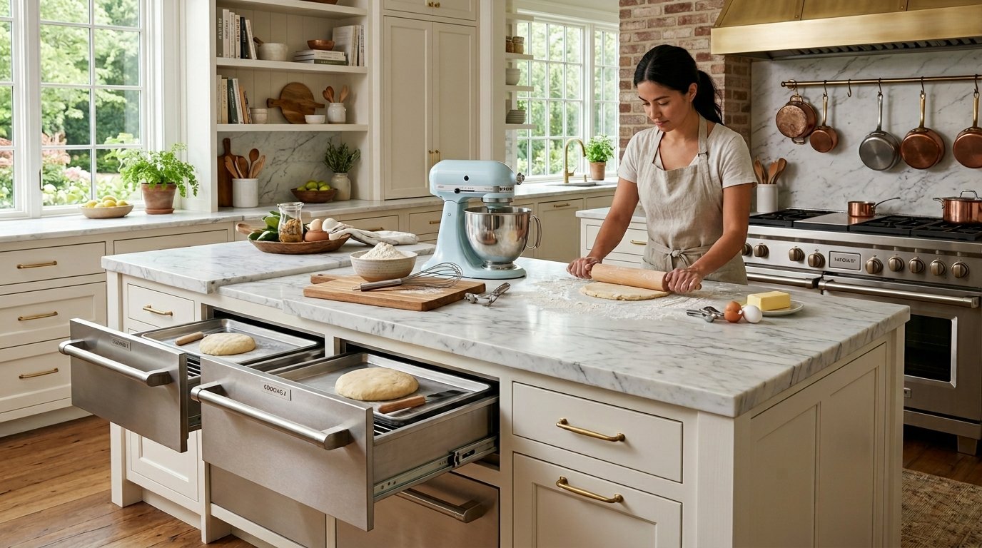 A person uses a wooden rolling pin on dough at a marble kitchen island with open stainless steel drawers.