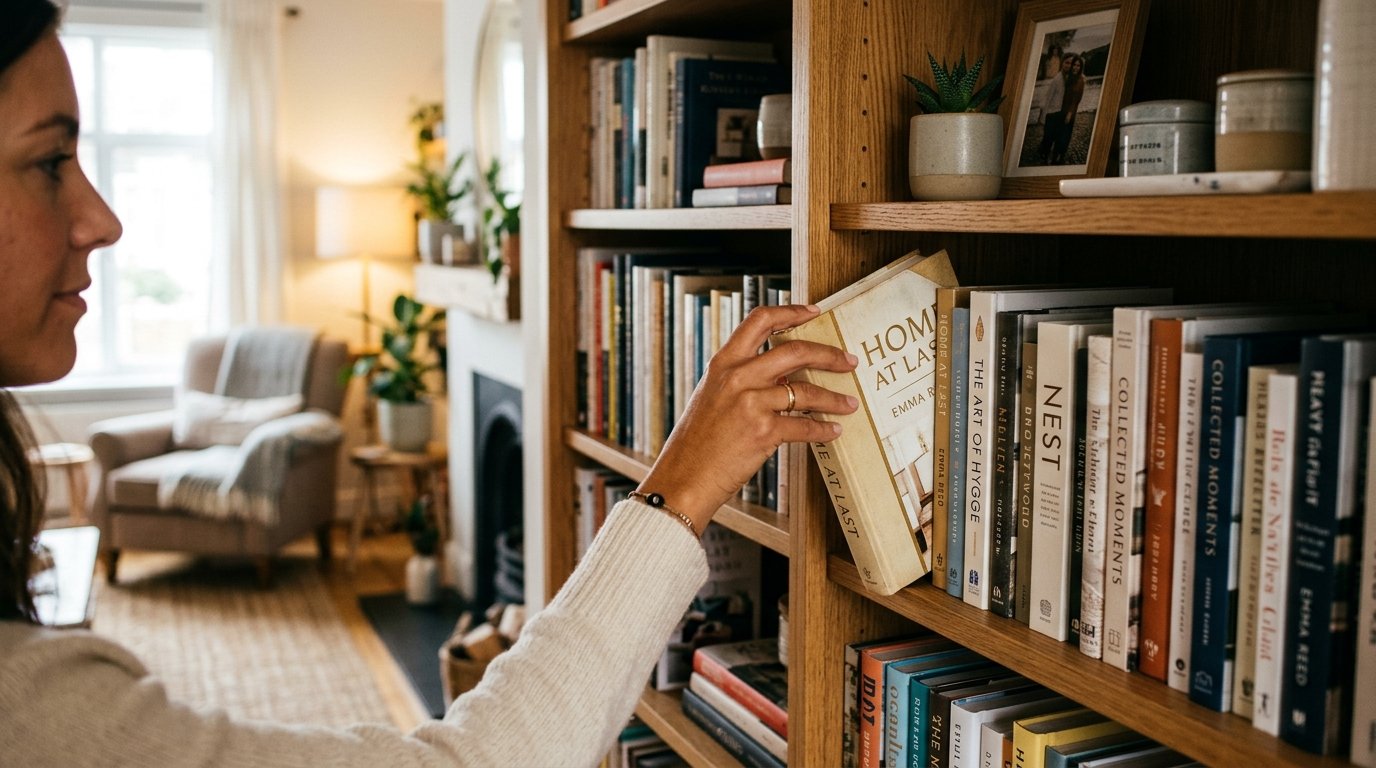 Close up of a hand pulling a book titled Home at Last from a wooden bookshelf in a bright, modern living room.