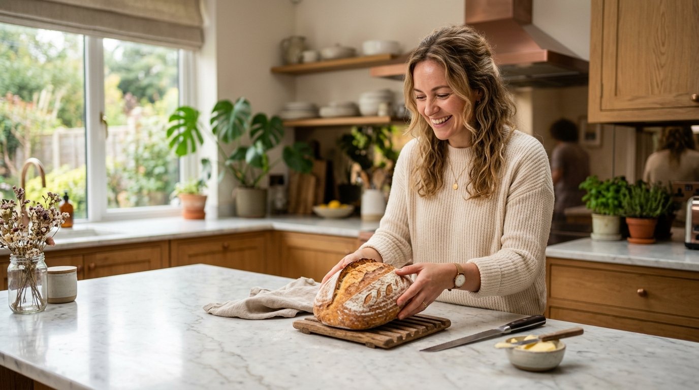 Woman in a beige sweater holds a freshly baked loaf of sourdough bread on a marble kitchen island.
