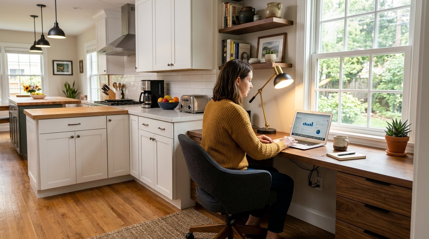 A woman sits at a wooden desk built into a white kitchen cabinet while using a laptop computer.