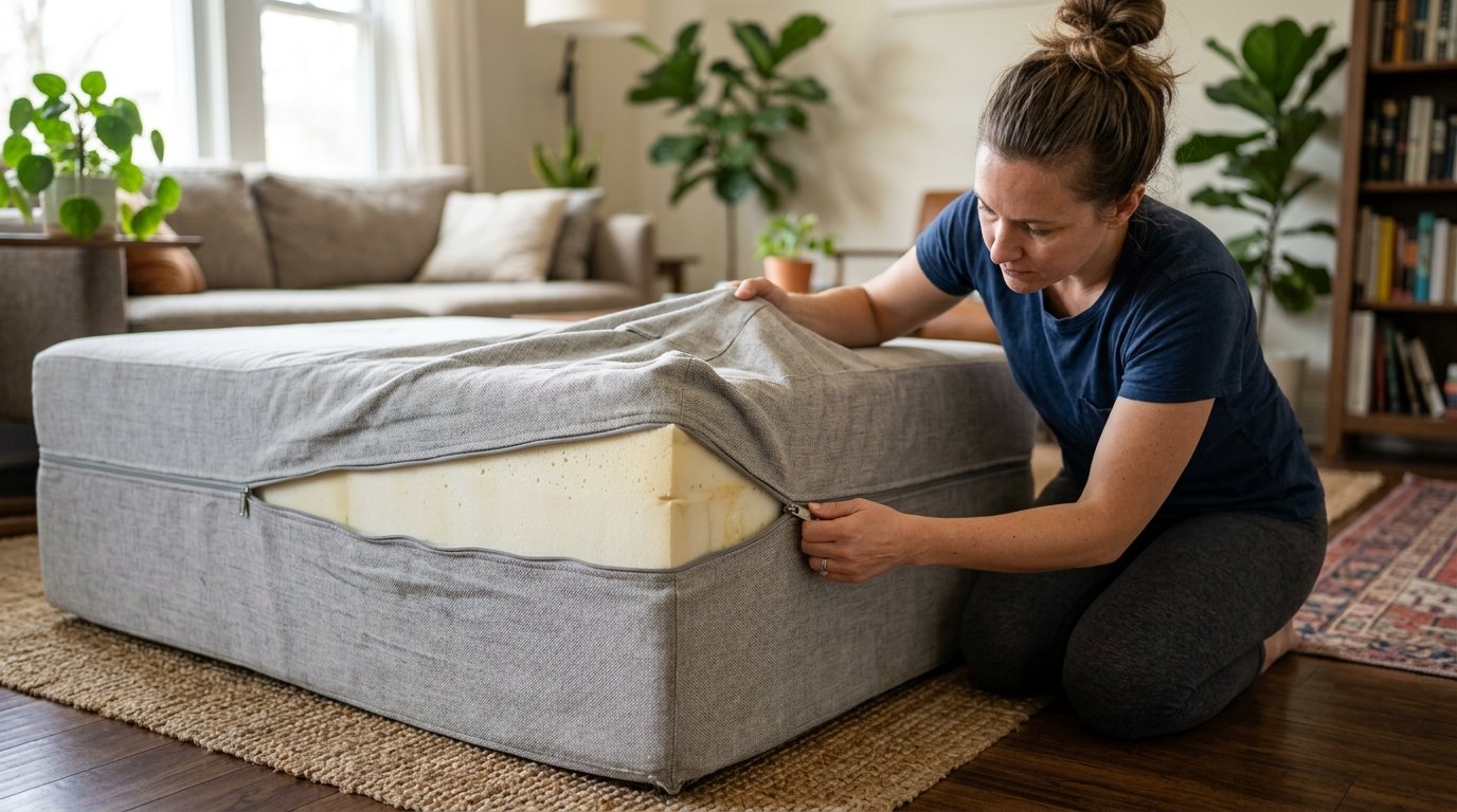 A person kneeling on a rug while pulling a zipper on a large square grey furniture cushion.