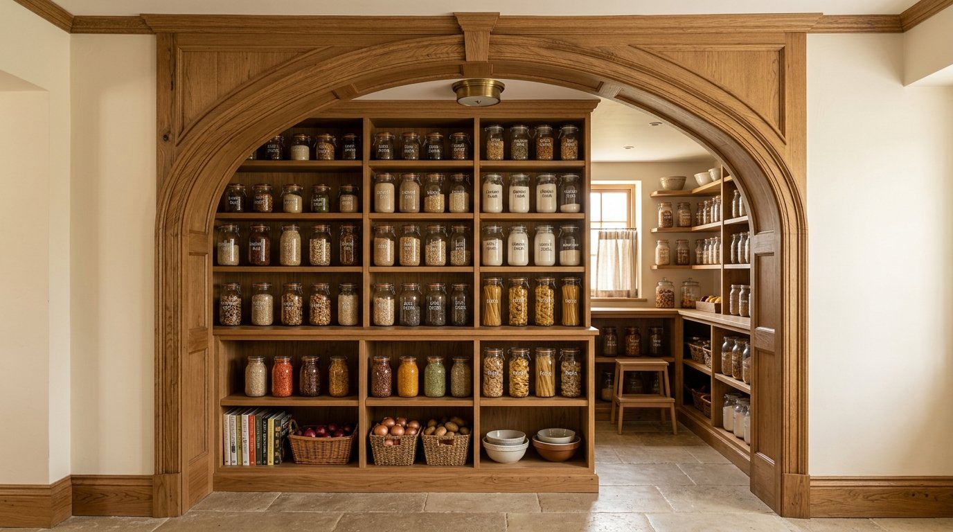 Custom built-in oak arched pantry filled with labeled glass storage jars, wicker baskets, and books.