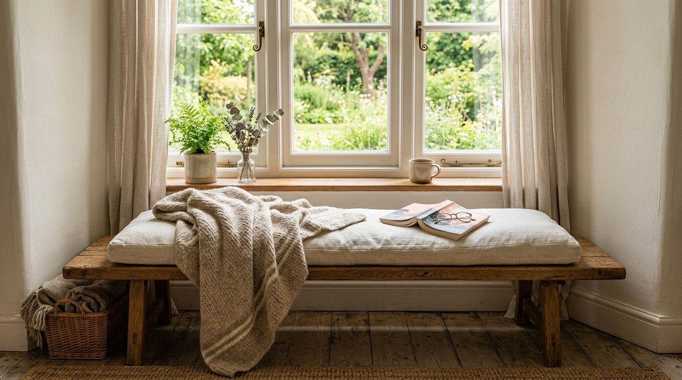 A wooden bench with a linen cushion, knitted throw, book, and glasses sitting in front of a sunny window.