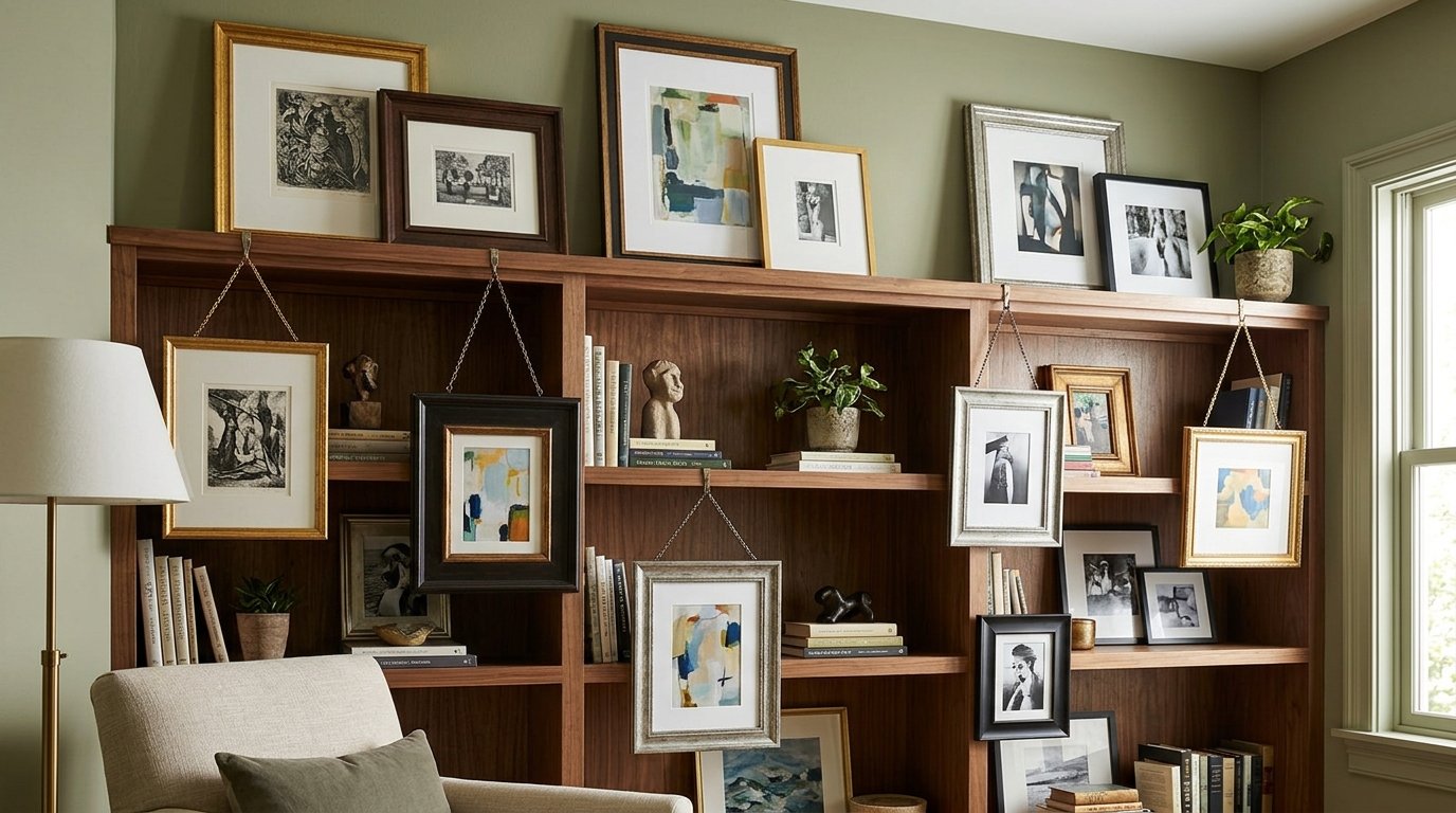 A dark wood bookcase decorated with various hanging picture frames, books, and small potted plants.