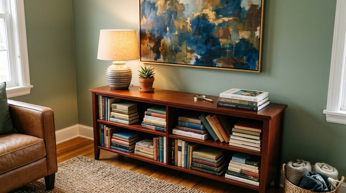 Floor to ceiling oak shelves filled with books and plants separating a lounge area with arched windows.