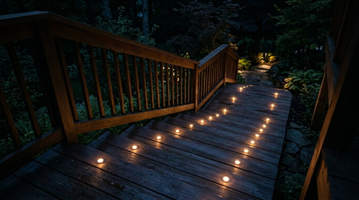 Wooden outdoor steps lit by small circular lights embedded in the boards at dusk.
