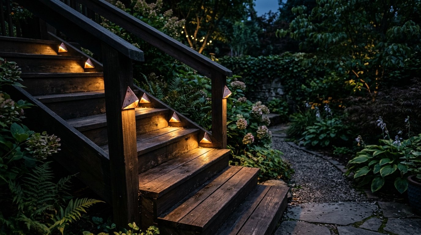 Dark wooden staircase in a lush garden illuminated by small wall-mounted triangular lights at twilight.